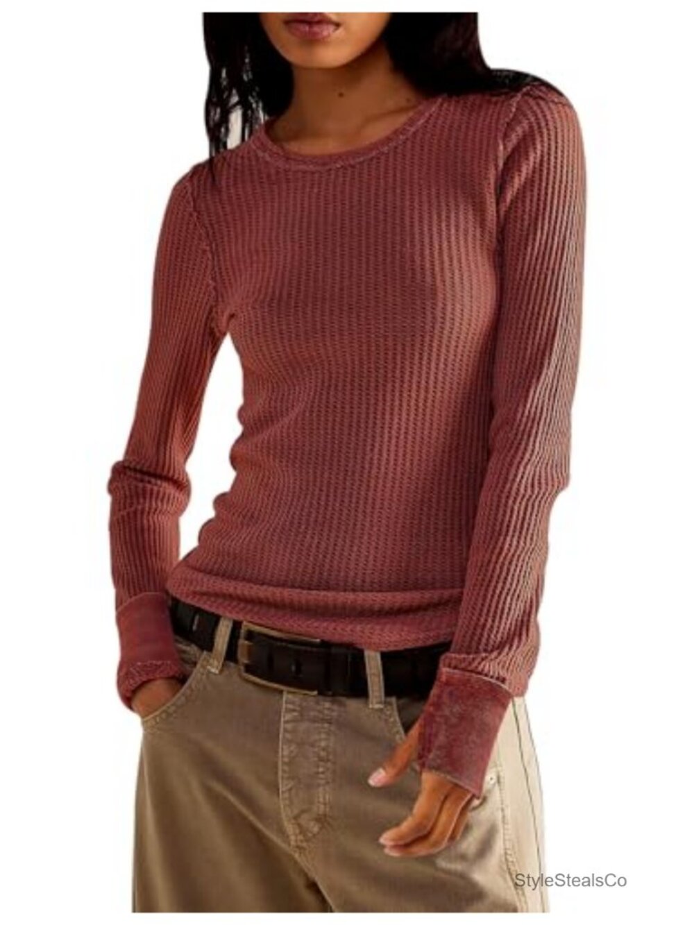Women's Waffle Knit Long Sleeve Slim Fitted Crew Neck Pullover Thumbhole